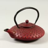 A JAPANESE CAST IRON KETTLE, with raised decoration. 22cms wide.