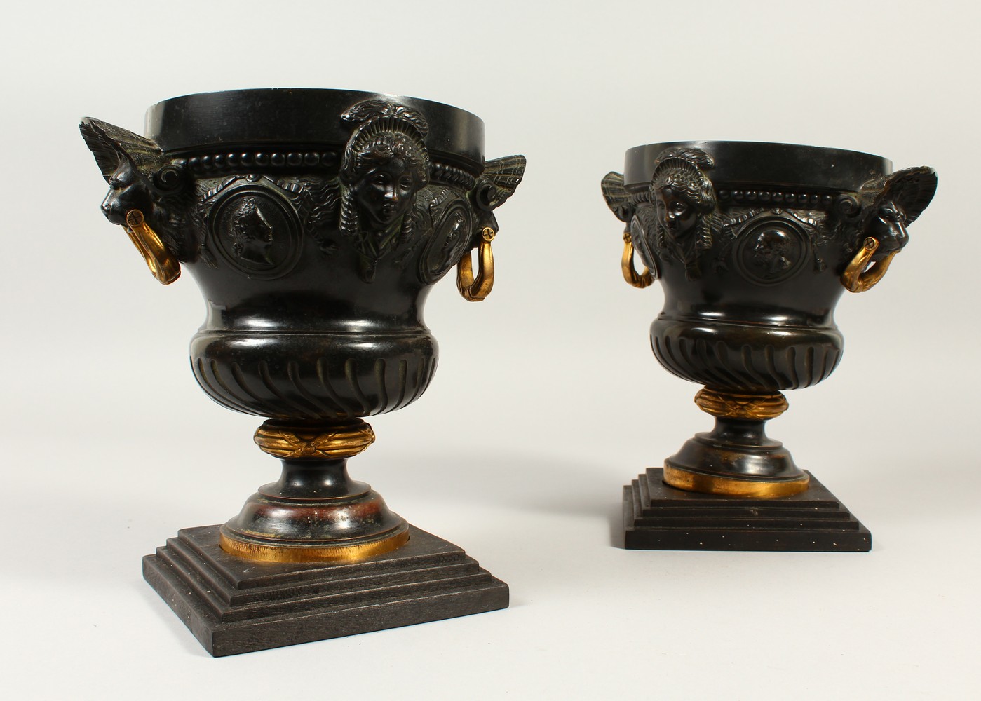 A PAIR OF 19TH CENTURY CAST BRONZE URNS, with lions mask and gilded handles, the body decorated with