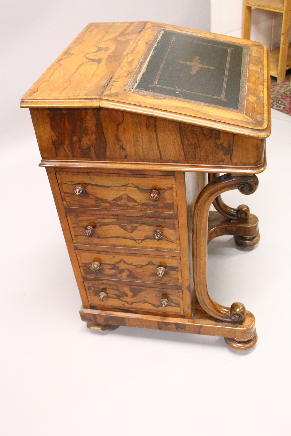 A 19TH CENTURY FIGURED WOOD DAVENPORT, with leather inset writing surface, four drawers to the - Image 8 of 19
