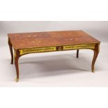 A FRENCH STYLE MAHOGANY, ORMOLU AND MARQUETRY COFFEE TABLE, on cabriole legs. 125cm long x 50cm high