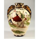 GAITAUD, GRES D'ART BASQUE, a French pottery twin handled vase, decorated with figures in a farmland