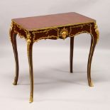 A FRENCH STYLE MAHOGANY, ORMOLU AND PARQUETRY TABLE, on cabriole legs. 79cm wide x 77cm high x
