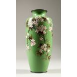 A GREEN GROUND CLOISONNE VASE, decorated with cherry blossom. 22cms high.