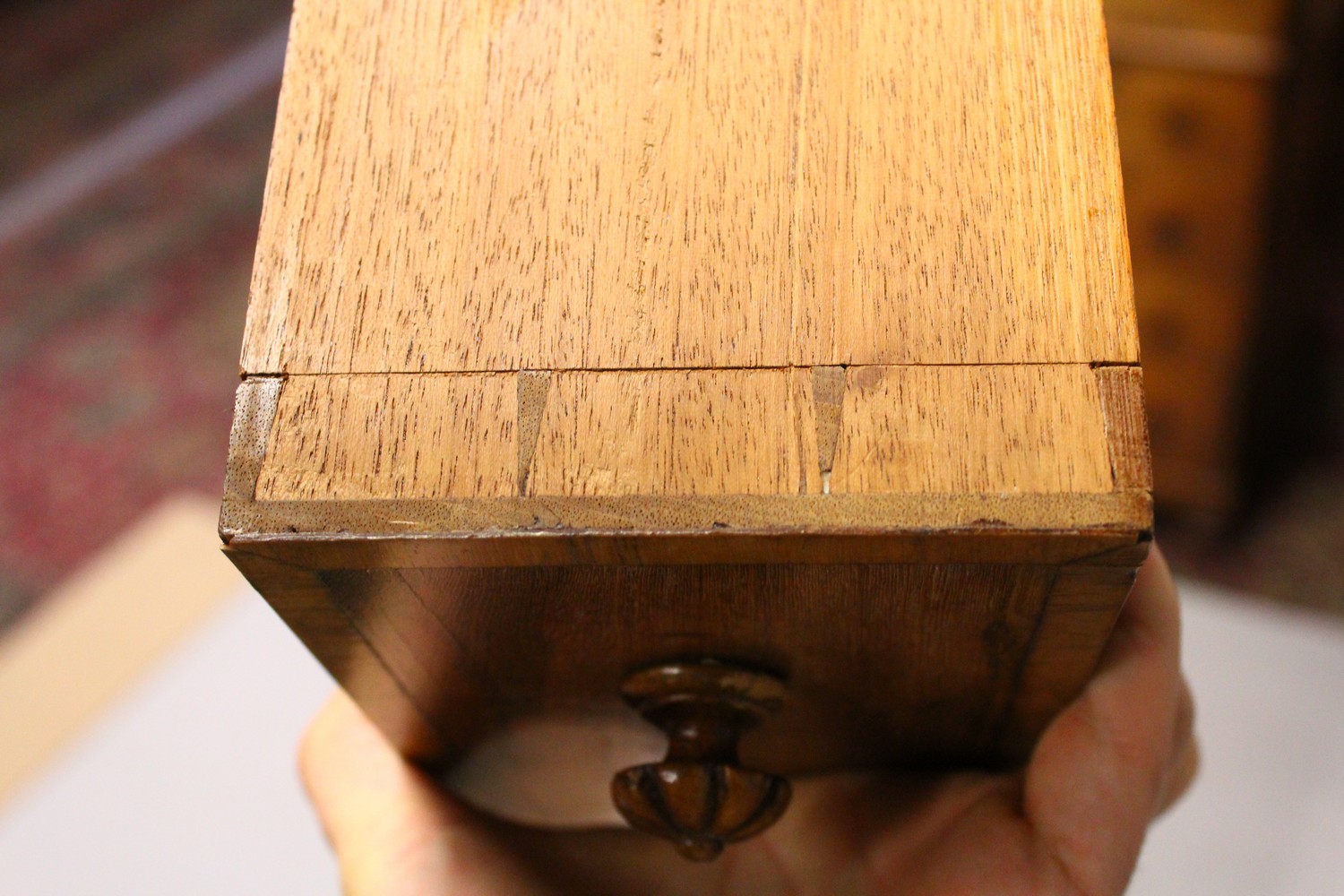 A 19TH CENTURY FIGURED WOOD DAVENPORT, with leather inset writing surface, four drawers to the - Image 10 of 19