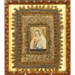 A 19TH CENTURY METAL THREAD EMBROIDERED RELIGIOUS PICTURE, framed and glazed. 27cm x 23cm.