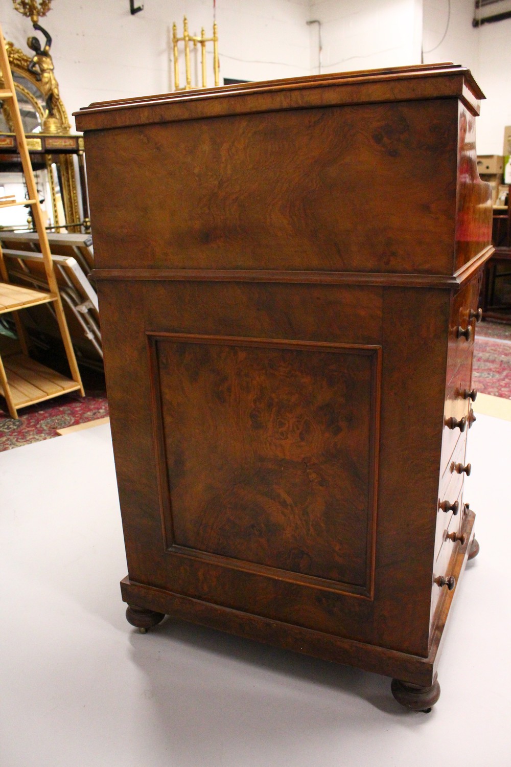 A GOOD VICTORIAN FIGURED WALNUT PIANO TOP DAVENPORT, with rising top, pull out writing surface, four - Image 15 of 35