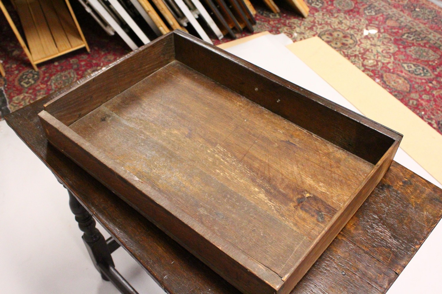 AN 18TH CENTURY OAK SIDE TABLE, with a single long drawer, on turned legs united by stretchers. 84cm - Image 4 of 11