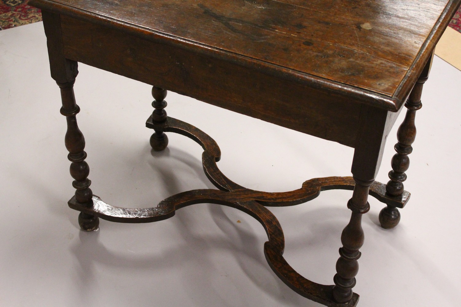 AN 18TH CENTURY OAK SIDE TABLE, with one long drawer, on turned legs united by an "X" shape - Image 11 of 14