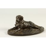 A BRONZE OF A DOG, on an oval base. 27cms high.