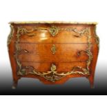 A 19TH CENTURY PARQUETRY, ORMOLU AND MARBLE COMMODE, with shaped marble top, over three drawers on