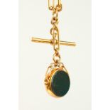 A GENTLEMAN'S 9CT GOLD SWIVEL FOB AND CHAIN.