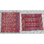 TWO SMALL TEKKE RUGS. 78cm x 86cm and 92cm x 74cm.