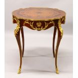 A FRENCH STYLE MAHOGANY, ORMOLU AND MARQUETRY CENTRE TABLE, on cabriole legs. 80cm diameter x 80cm