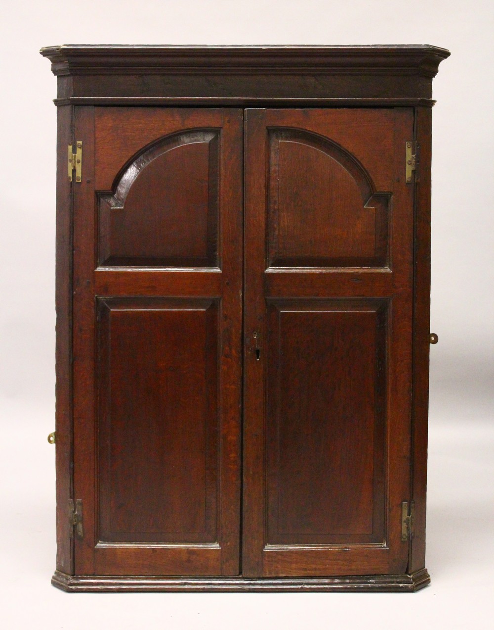 A 19TH CENTURY OAK HANGING CORNER CUPBOARD, with a pair of panelled doors enclosing three shelves.