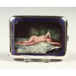 A SUPERB CONTINENTAL SILVER CIGARETTE CASE, the enamel front with a reclining nude with blue