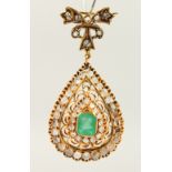 A SUPERB VICTORIAN DIAMOND EMERALD CUT PENDANT TEARDROP.