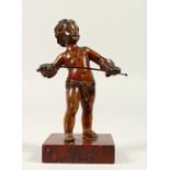 A SMALL 19TH CENTURY BRONZE FIGURE, of a boy wearing gloves and holding a fencing foil, on a rouge