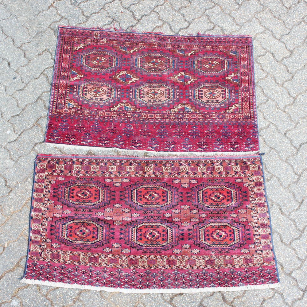 TWO SMALL TEKKE HANGINGS. 130cm x 60cm and 120cm x 77cm.