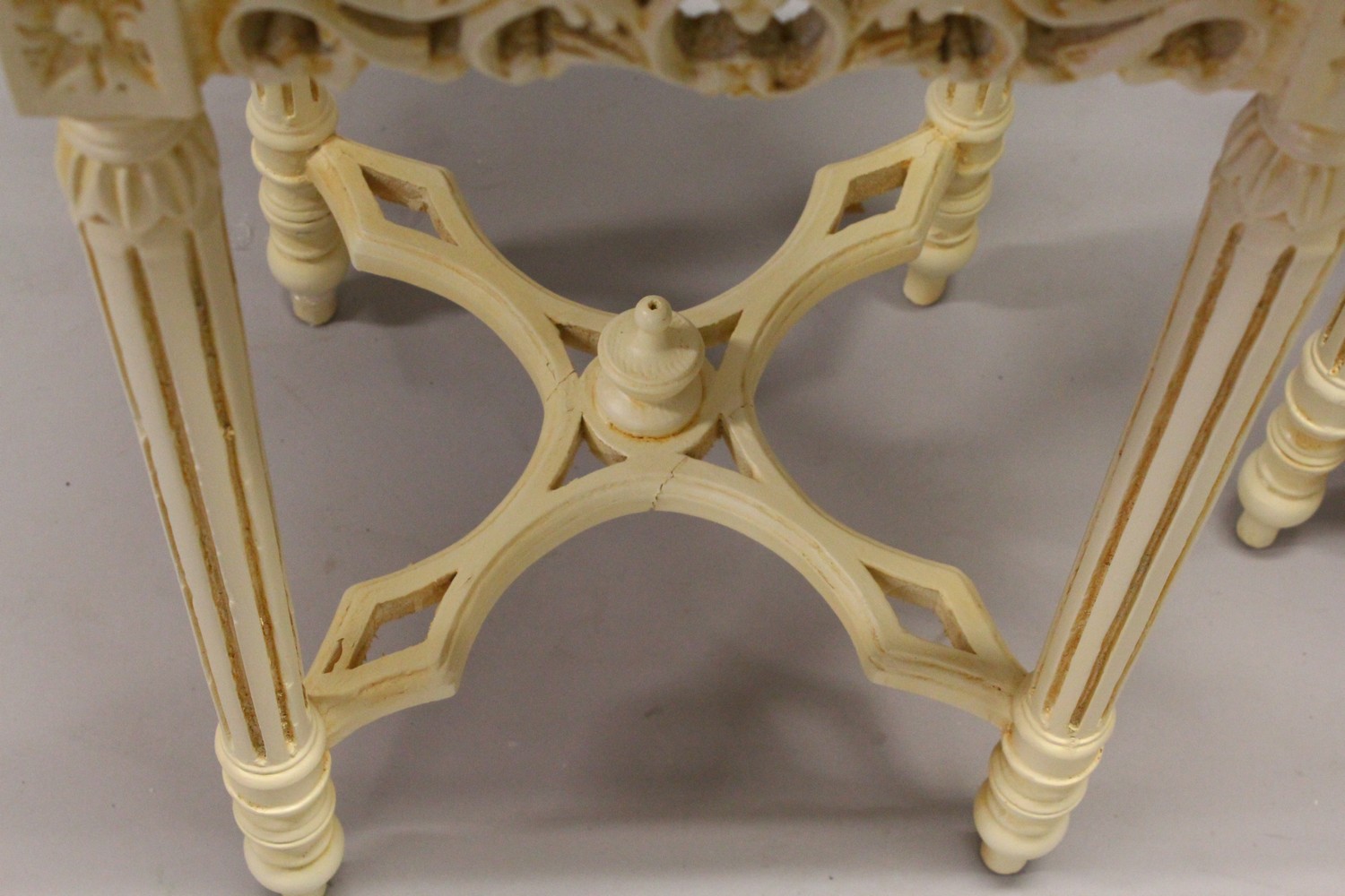 A PAIR OF FRENCH STYLE CREAM PAINTED SQUARE SHAPE TABLES, with inset marble tops. 42cm wide x 72cm - Image 2 of 4