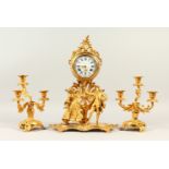 AN ITALIAN ORMOLU THREE PIECE CLOCK GARNITURE, the clock with circular enamelled dial, above a