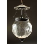 A SINGLE CUT GLASS HANGING CHANDELIER, with glass dome enclosing a single light. 38cms long.