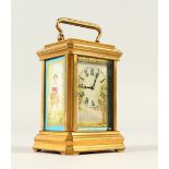 A MINATURE BRASS CARRIAGE CLOCK, with Sevres style porcelain panels. 8cms high.
