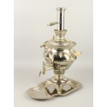 A LARGE POLISH NORBLIN & CO., WARSZAWA SAMOVAR AND COVER, and shaped stand with bone handles,