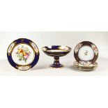 A GOOD FRENCH PORCELAIN PART DESSERT SERVICE, comprising comport, tazza and four plates, rich blue