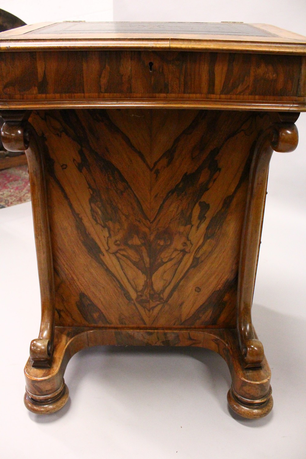 A 19TH CENTURY FIGURED WOOD DAVENPORT, with leather inset writing surface, four drawers to the - Image 13 of 19