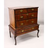 AN 18TH CENTURY FIGURED WALNUT CHEST ON STAND, with two short and two long drawers, the stand with