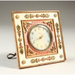 A VERY GOOD RUSSIAN "FABERGE" STYLE GOLD AND ENAMEL STRUT CLOCK, with guilloche enamel circular