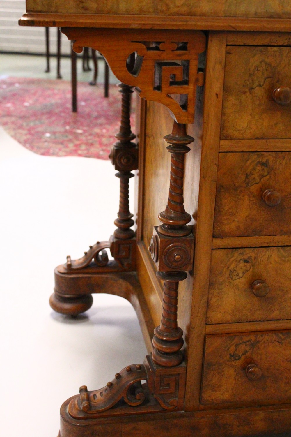 A GOOD VICTORIAN FIGURED WALNUT PIANO TOP DAVENPORT, with rising top, pull out writing surface, four - Image 4 of 35