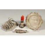 A MINIATURE SILVER TOAST RACK, CIRCULAR PLATE, WAX JACK AND SCENT BOTTLE.