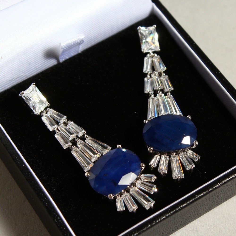 A PAIR OF SILVER AND REAL SAPPHIRE DROP EARRINGS.