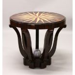 AN ART DECO STYLE CIRCULAR CENTRE TABLE, with sunburst inlaid decoration. 75cm diameter x 68cm