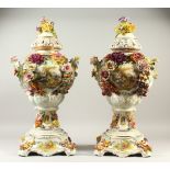 A PAIR OF MEISSEN STYLE VASES, COVERS AND STANDS, with floral encrusted decoration. 72cms high.