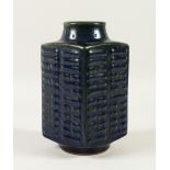 A DARK BLUE GLAZED CONG STYLE VASE. 29cms high.