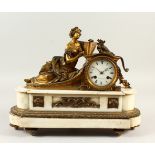 A 19TH CENTURY FRENCH ORMOLU AND MARBLE MANTLE CLOCK, mounted with a reclining female figure reading