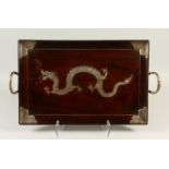 A ROSEWOOD AND SILVER TWIN-HANDLED TRAY, inlaid with a dragon. 55cms wide.