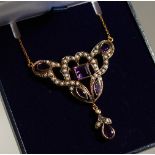 A 9CT GOLD AND SILVER, AMETHYST AND SEED PEARL NECKLACE.