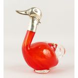 A GOOD RUBY GLASS DUCK DECANTER with plated head. 22cms high.