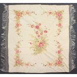 A LARGE CREAM SILK AND FLORAL EMBROIDERED BED COVER/THROW. 190cm x 165cm.