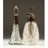 A CUT GLASS AND STERLING SILVER PERFUME SPRAY BOTTLE, and another silver topped scent bottle of