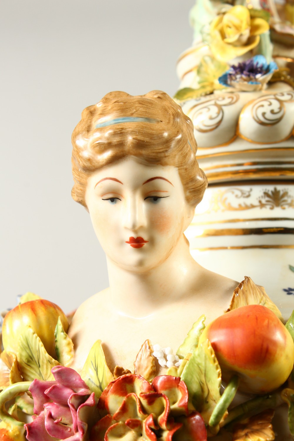 A PAIR OF MEISSEN STYLE VASES, handles modelled as female busts. 73cms high. - Image 6 of 10