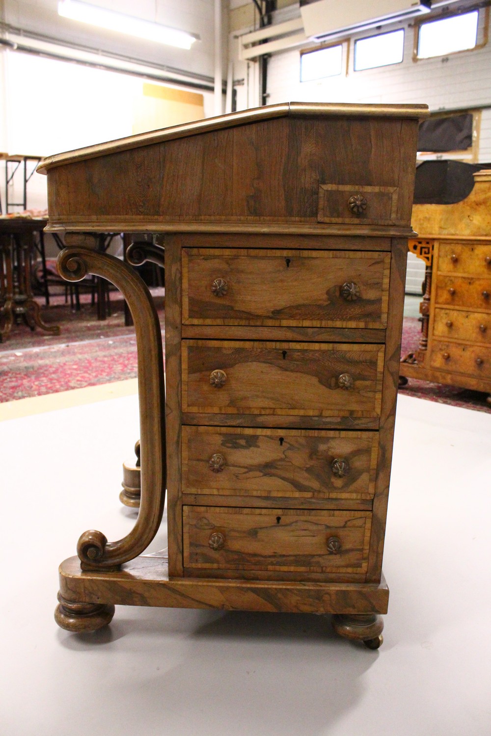 A 19TH CENTURY FIGURED WOOD DAVENPORT, with leather inset writing surface, four drawers to the - Image 7 of 19