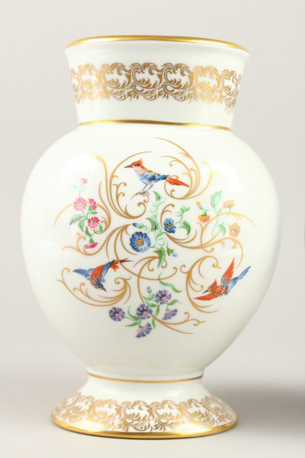 A GOOD PAIR OF LIMOGES CRYSTAL VASES, the white ground painted with birds, flowers and gilt scrolls. - Image 2 of 8