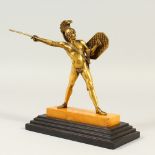 A GOOD SMALL GILT BRONZE FIGURE, of a gladiator with shield and spear, on a marble and wood base.