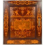 A SET OF FOUR 19TH CENTURY CONTINENTAL MARQUETRY PANEL DOORS, each depicting knights in battle and