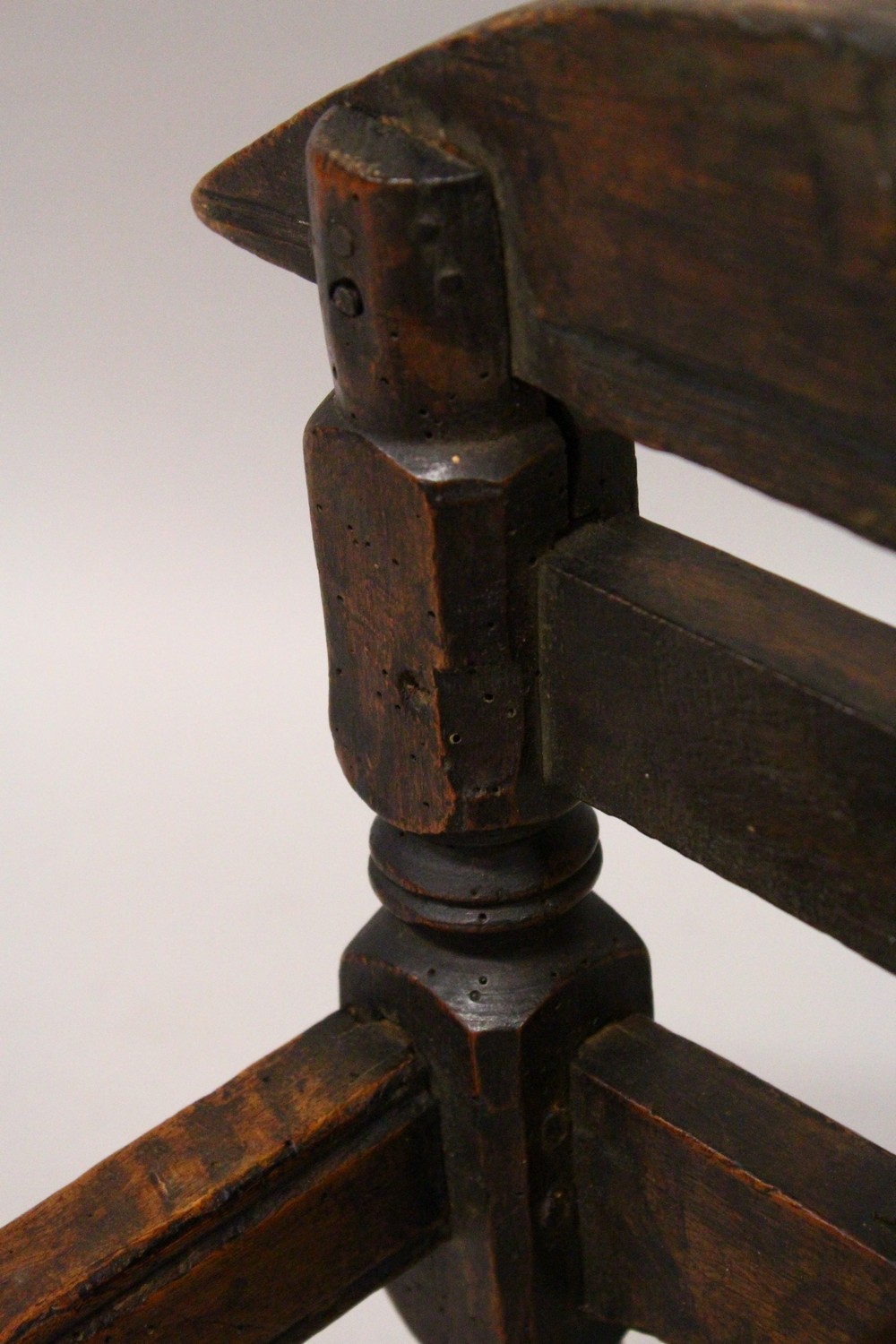 A 19TH CENTURY BEECH CRADLE, with pierced ends, turned corner columns and a slatted base on rockers. - Image 7 of 7