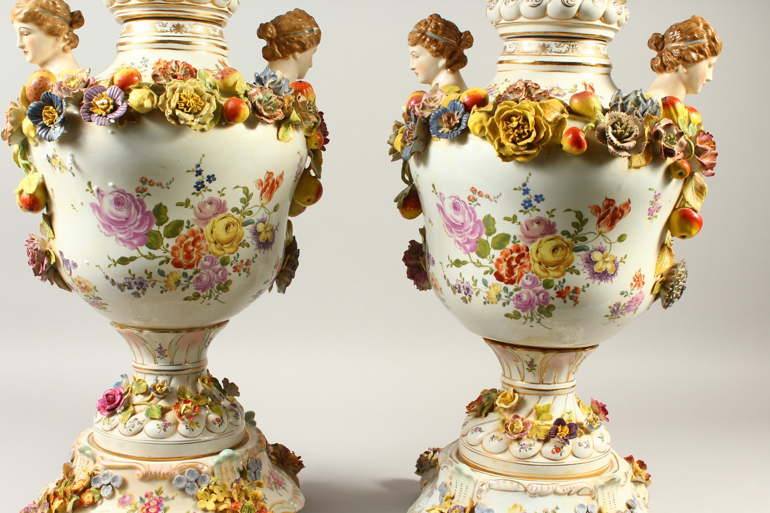 A PAIR OF MEISSEN STYLE VASES, handles modelled as female busts. 73cms high. - Image 7 of 10